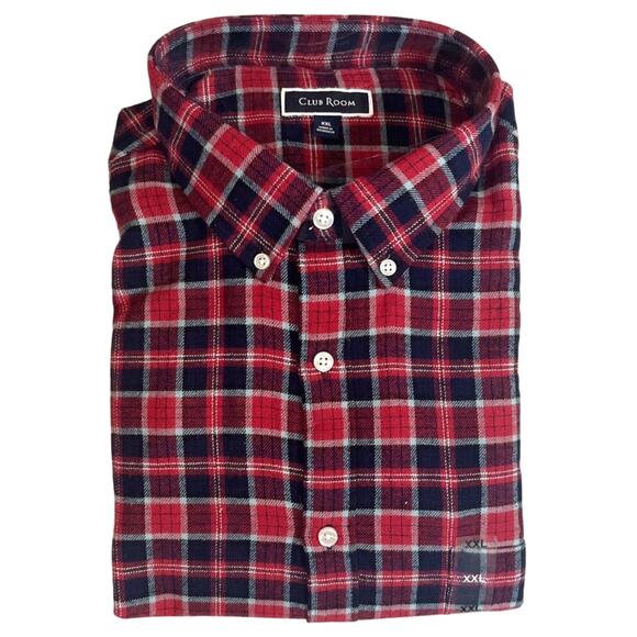 Club Room Mens Regular Fit Plaid Flannel Button Down Shirt Red Navy 2XL - Picture 1 of 4